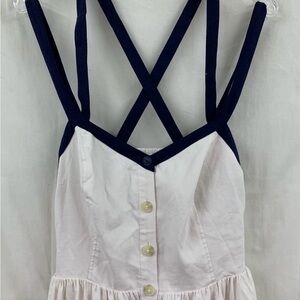 Maeve Dress 12 Off White Navy Linen Blend Strappy Button Front Pocket Midi